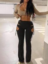 Women's Bodycon Off Shoulder Cutout Halter Long Sleeve Crop Top With Tie Up Waist Pants 2Pcs Set, Sexy